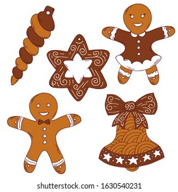 Cute doodles, vector illustration for Christmas, hand drawn set for decoration. Clipart of cookies, gingerbread, icicle, star, gingerbread man and girl tree decoration, bell with bow.