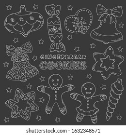 Cute doodles, vector illustration for Christmas, hand drawn set for decoration. Clipart of cookies, gingerbread, icicle, star, gingerbread man and girl tree decoration, bell with bow, candy, heart.