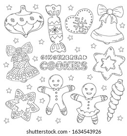 Cute doodles, vector illustration for Christmas, hand drawn set for decoration. Clipart of cookies, gingerbread, icicle, star, gingerbread man and girl tree decoration, bell with bow, candy, heart.