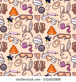 Cute doodles vector pink seamless pattern. Pop art modern style objects.