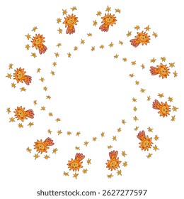 Quadro de círculo bonito em estilo doodle com cometas e estrelas, apresentando Espaço de cópia para cartões infantis, convites e projetos divertidos, perfeito para livros infantis, estampas de roupas e decoração de quartos