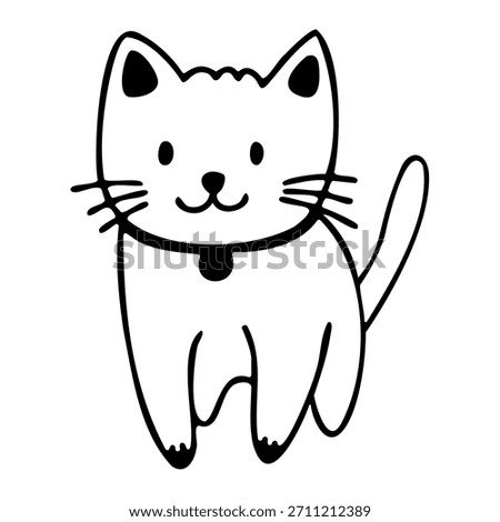 Cute doodle-style white cat standing with a small collar and friendly face. Hand drawn vector isolated illustration.