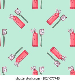 Cute doodling vector pattern with sweet characters: smiling toothpaste and toothbrush. The pattern is perfect for textile design, corporate identity design and so on