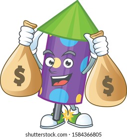 Cute dot fireworks rocket cartoon character smiley with money bag