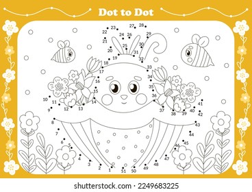 Cute dot to dot game for kids with easter theamed character - bunny in umbrella with bees. Printable worksheet for children, educational coloring book