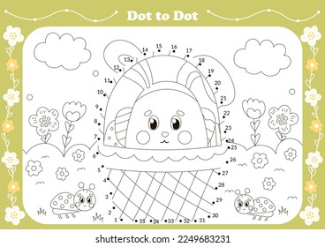 Cute dot to dot game for kids with easter theamed character - bunny in basket with ladybugs and flowers. Printable worksheet for children, educational coloring book