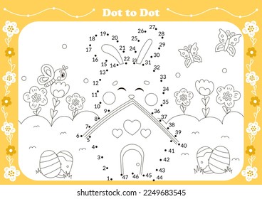 Cute dot to dot game for kids with easter theamed character - bunny with butterflies and flowers. Printable worksheet for children, educational coloring book