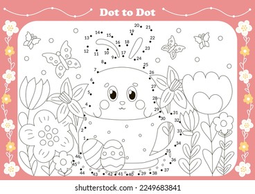 Cute dot to dot game for kids with easter theamed character - bunny in cup with flowers. Printable worksheet for children, educational coloring book