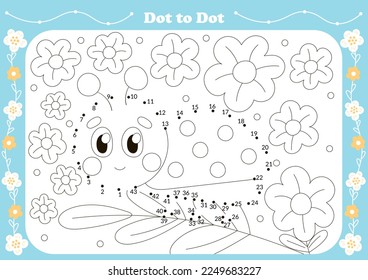 Cute dot to dot game for kids with insect theamed character - ladybug and flowers. Printable worksheet for children, educational coloring book