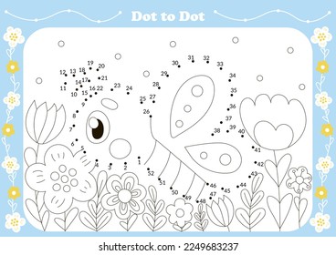 Cute dot to dot game for kids with insect theamed character - butterfly and flowers. Printable worksheet for children, educational coloring book