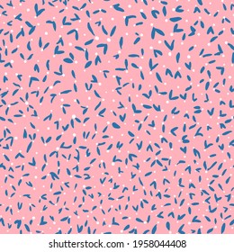 Cute dots with abstract leaves doodled vector seamless repeat pattern. Geometrical shapes all over print with pink background.