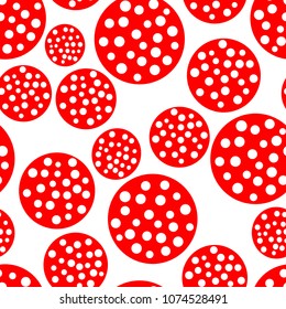 Cute dots amanita seamless pattern with round and circle. Funny red and white vector background texture.