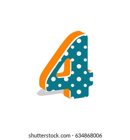 Cute dotted 3d number four isolated on white background. Vector illustration. Element for design. Kids alphabet.