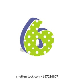 Cute dotted 3d number six isolated on white background. Vector illustration. Element for design. Kids alphabet.
