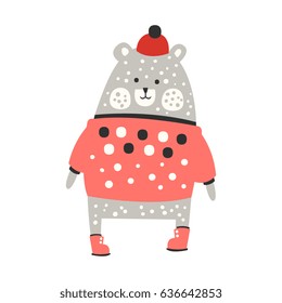 Cute dotted gray bear in a red sweater and red hat standing. Funny lovely animal colorful cartoon character vector Illustration