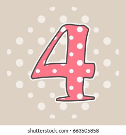 Cute dotted number four isolated on beige background. Vector illustration. Element for design. Kids alphabet.