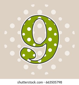 Cute dotted number nine isolated on beige background. Vector illustration. Element for design. Kids alphabet.