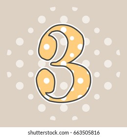 Cute dotted number three isolated on beige background. Vector illustration. Element for design. Kids alphabet.