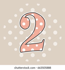 Cute dotted number two isolated on beige background. Vector illustration. Element for design. Kids alphabet.