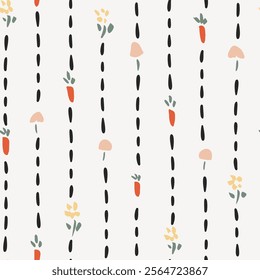 Cute dotted stripes with hand drawn carrots, mushrooms and flowers in orange, pink, yellow, black and green over off white background. A seamless vector pattern. Great for homedecor, fabric, wallpaper