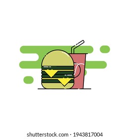 Cute double cheese burger and soda Illustration. modern simple food vector icon, flat graphic symbol in trendy flat design style.