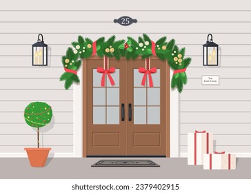 Cute double front door with Christmas decoration, garland, street lanterns, gifts and plant. Exterior concept for house. Cartoon flat style. Vector illustration
