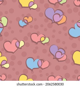 Cute double heart vector repeat pattern in pastel multicolor on a dusky pink background with polka dots svg