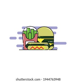 Cute Doppelschicht Käse Burger, Hot Dog, Pommes frites Illustration. Modernes, einfaches Lebensmittel-Vektorsymbol, flaches Bildsymbol im trendigen, flachen Design-Stil.