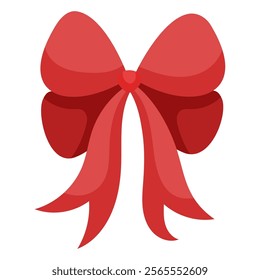 Cute double red satin ribbon bow. Bowknot for decoration. Large retro hand drawn ribbon Illustration. Cartoon bow knot, gift ribbon.
