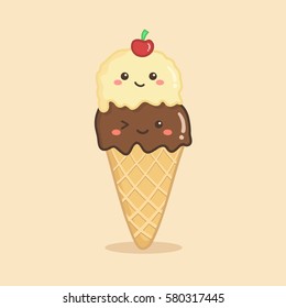 Cute Double Scoop Ice Cream Cone Chocolate Vanilla Cherry Vector Illustration Cartoon Character