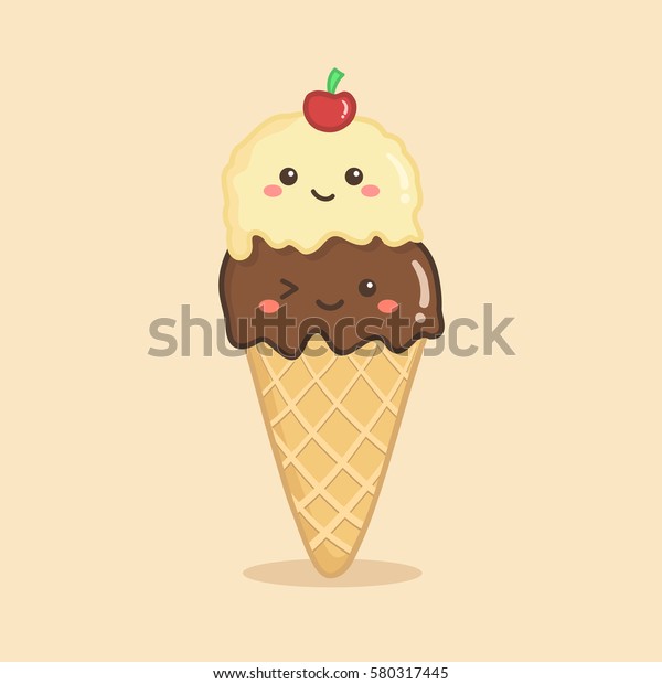 かわいいダブルスクープアイスクリームコーンチョコレートバニラチェリーベクターイラスト漫画のキャラクター のベクター画像素材 ロイヤリティフリー