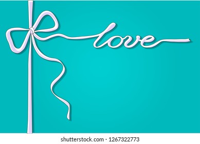 Cute double-looped bow-knot from ribbon on  blue colored Valentine card - charming and elegant greeting with hand written word love. Vector illustration