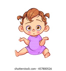 Cute doubting little baby girl. Funny know-nothing and questioning cartoon toddler character. Baby emotions. Colorful vector illustration  isolated on white background.