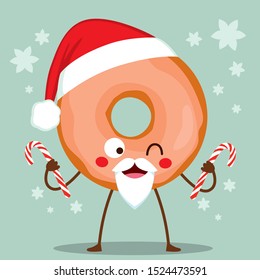 Cute doughnut character with Christmas Santa Claus hat and glazed icing holding candy canes