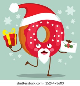 Cute doughnut character with Christmas Santa Claus hat and red frosted icing holding present and letter