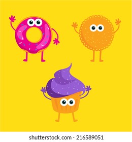 Cute doughnut character. Collection of vector cartoon dessert characters. Cartoon donut (doughnut), cupcake and cracker. Sweet kawaii doughnut.Sweet emotion girly cookie. Sweet emotion.