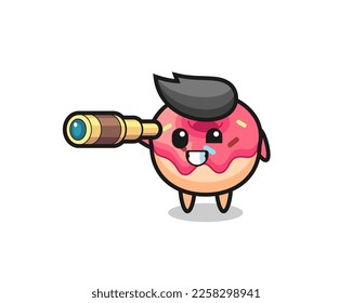 cute doughnut character is holding an old telescope