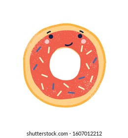 Cute doughnut flat vector illustration. Adorable smiling donut cartoon character. Delicious pastry, sweet dessert with face. Funny glazed donut with sprinkles isolated on white background.