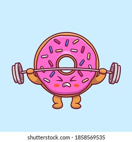 Cute Doughnut Lifting Barbell Cartoon Vector Icon Illustration. Food Healthy Icon Concept Isolated Premium Vector. Flat Cartoon Style