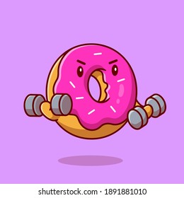 Cute Doughnut Lifting Dumbbell Cartoon Vector Icon Illustration. Food Healthy Icon Concept Isolated Premium Vector. Flat Cartoon Style