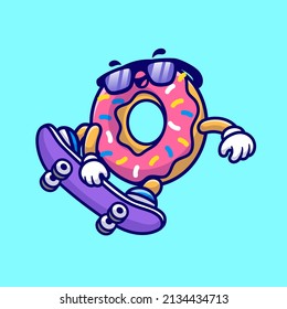 Cute Doughnut Playing Skateboard Cartoon Vector Icon Illustration. Food Sport Icon Concept Isolated Premium Vector. Flat Cartoon Style