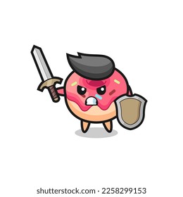 cute doughnut soldier fighting with sword and shield