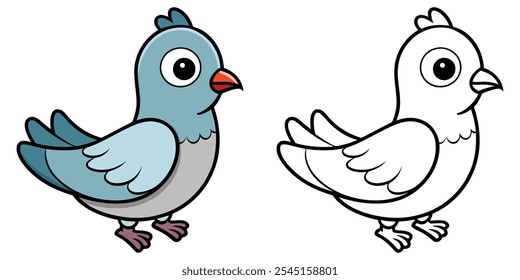 Cute Dove Bird Cartoon Coloring Pages For Kids. Dove Coloring Book Printable. Dove Bird Vector Illustration With Black Outline. Easy Animals Coloring