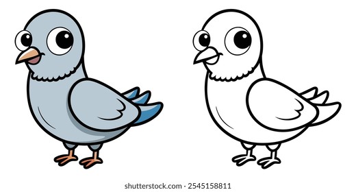 Süße Taube Vogel Cartoon Malvorlagen für Kinder druckbar. Taubenvogel, Vektorgrafik. Easy Birds Färbung