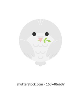 Cute dove bird round vector illustration. Lovely, love symbol white dove bird with sprig, twig in beak. Isolated graphic animal icon.