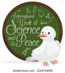 Cute dove and button like rounded chalkboard with some scientific doodles to celebrate International Week of Science and Peace.