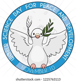 Cute dove holding a olive branch and ADN helix inside a button ready to commemorate World Science Day for Peace and Development in November 10.