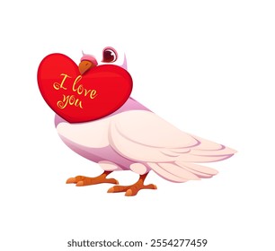 Cute dove holding a red heart with love message that says I love you, symbolizing love and affection for Valentine Day or romantic occasions. Isolated cartoon vector pigeon bird with loving confession