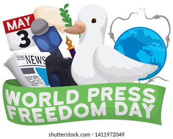 Cute dove with olive branch, speech balloon, newspaper, microphone, pen, camera promoting the speech freedom during World Press Freedom Day in 3rd May.