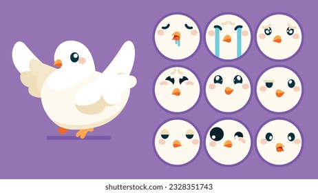 Paloma de paloma, un conjunto de emociones animales, pequeña paloma con coloración de emojis, durmiendo, llorando, triste, aburrida, feliz, emocionada, adorable, sorprendida, descuidada, segura, aterrada, atónita, avatar del Vector Flat